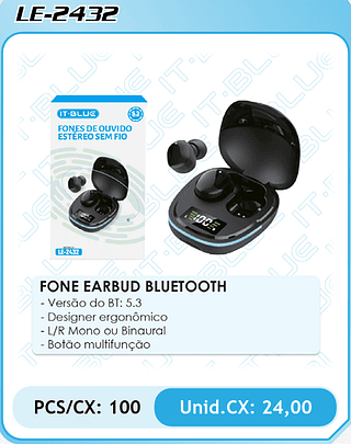 FONE EARBUD BLUETOOTH PCS/CX: 100 Unid.CX: 24,00