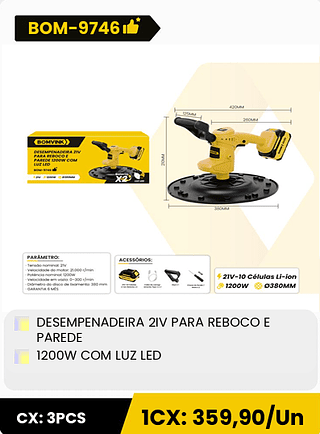 DESEMPENADEIRA 2IV PARA REBOCO E PAREDE 1200W COM LUZ LED CX: 3PCS 1CX: 359,90/Un