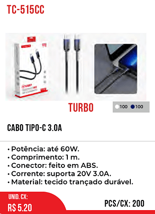 Cabo Tipo-c 3.0A 200pç=5,2$