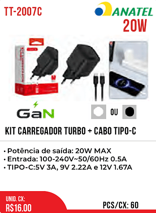 KIT CARREGADOR TURBO + CABO TIPO-C 60pç=16$
