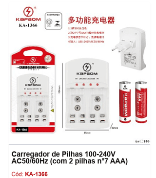 Carregador de Pilhas 100-240V AC50/60Hz (com 2 pilhas n°7 AAA) R$ 17,1 PCS/cx: 100