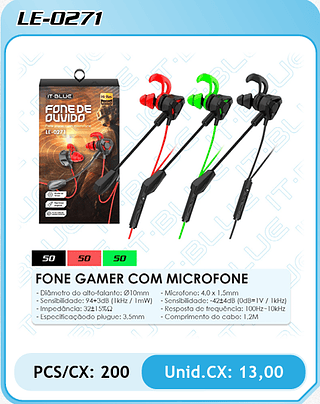 FONE GAMER COM MICROFONE - PCS/CX: 200 Unid.CX: 13,00