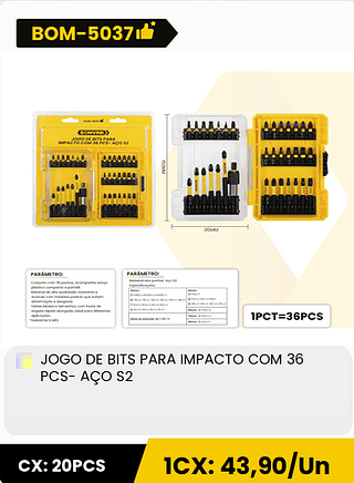 JOGO DE BITS PARA IMPACTO COM 36 PCS- AÇO S2 CX: 20PCS 1CX: 43,90/Un