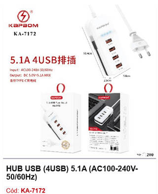 HUB USB (4USB) 5.1A (AC100-240V50/60Hz) R$ 7,2 PCS/cx:200