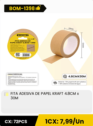 FITA ADESIVA DE PAPEL KRAFT 4.8CM x 30M CX: 72PCS ICX: 7,99/Un