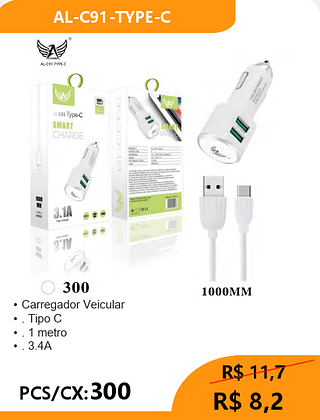Carregador Veicular TPC PCS/CX:300 R$ 8,2
