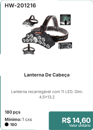 Lanterna De Cabeça 180 pçs R$ 14.60
