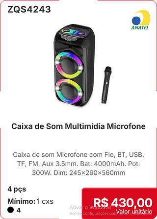Caixa de Som Multimidia Microfone 4 pçs R$ 430,00