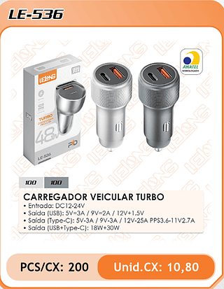 CARREGADOR VEICULAR TURBO 200PÇ=10,8$