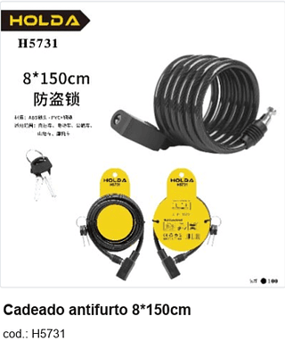 Cadeado antifurto 8*150cm R$ 12,15 PC/CX:100