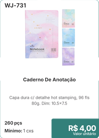 Caderno De Anotação 260 pçs R$ 4.00