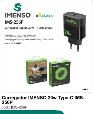 Carregador IMENSO 20w Type-C 200PC/CX R$10,8