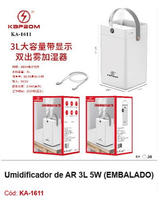 Umidificador de AR 3L 5W R$ 54 PCS/CX: 30