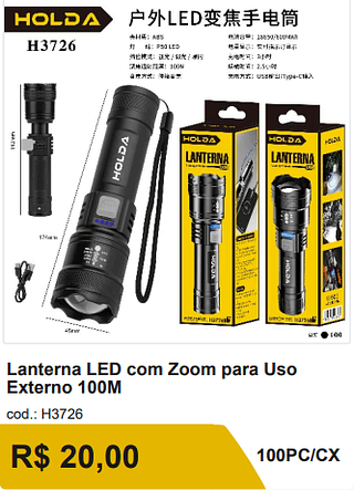 Lanterna LED com Zoom para Uso Externo 100M R$ 20,00-10%=18.00/ 100PC/CX