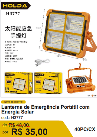 Lanterna de Emergencia Portatil comEnergia Solar R$ 35,00-10%=31.50/ 40PC/CX