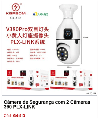 Câmera de Segurança com 2 Câmeras 360 PLX-LINK R$ 42,3 PCS/Cx:100
