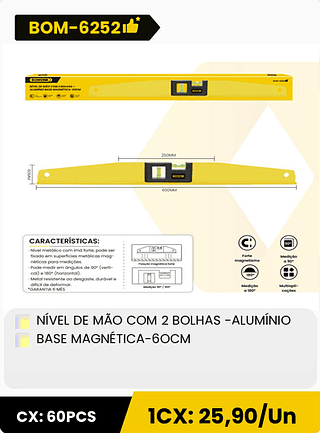 NÍVEL DE MÃO COM 2 BOLHAS -ALUMÍNIO BASE MAGNETICA-6OCM CX: 60PCS 1CX: 25,90/Un