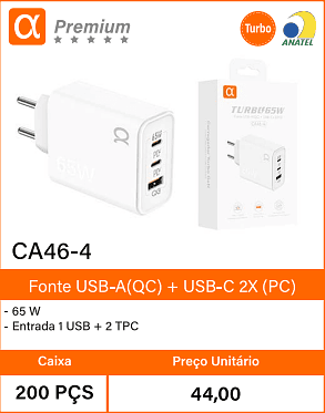 Fonte USB-A(QC) + USB-C 2X (PC) - Caixa 200 PCS Preco Unitario 44,00