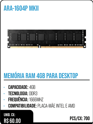 MEMÓRIA RAM 4GB PARA DESKTOP UNID. CX: R$ 60.00 PCS/CX: 700