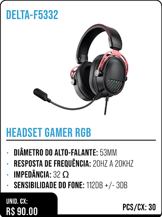 HEADSET GAMER RGB UNID. CX: R$ 90.00 PCS/CX: 30