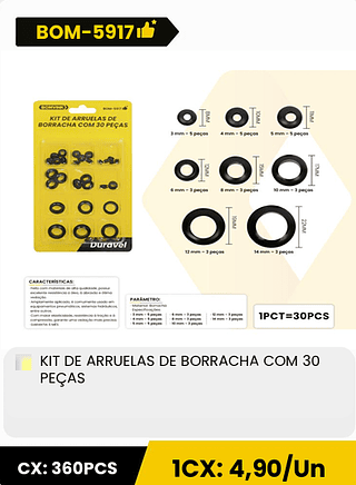 KIT DE ARRUELAS DE BORRACHA COM 30 PEÇAS CX: 360PCS 1CX: 4,90/Un