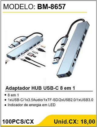Adaptador HUB USB-C 8 em 1 100PCS/CX Unid.CX: 18,00