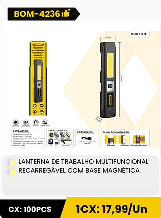LANTERNA DE TRABALHO MULTIFUNCIONAL RECARREGÁVEL COM BASE MAGNÉTICA CX: 100PCS 1CX: 17,99/Un