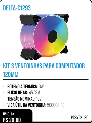 KIT 3 VENTOINHAS PARA COMPUTADOR 120MM UNID. CX: R$ 26.00 PCS/CX: 30