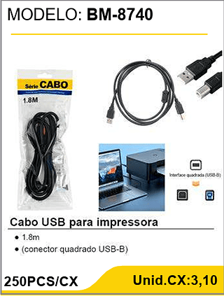 Cabo USB para impressora 250PCS/CX Unid.CX:3,10