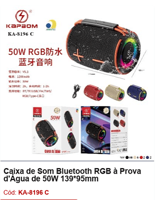 Caixa de Som Bluetooth RGB à Prova d'Água de 50W R$44,1 PCS/CX:50
