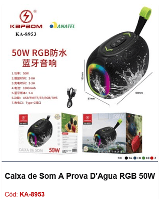 Caixa de Som À Prova D'Água RGB 50W R$49,5 PCS/Cx:48