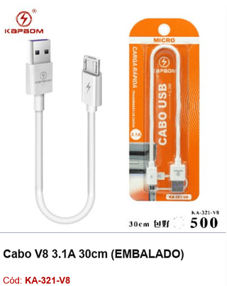 Cabo V8 3.1A 30cm R$ 1,62 PCS/CX:500