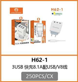 CARREGADOR V8 3USB 250PCS/CX R$:12,29