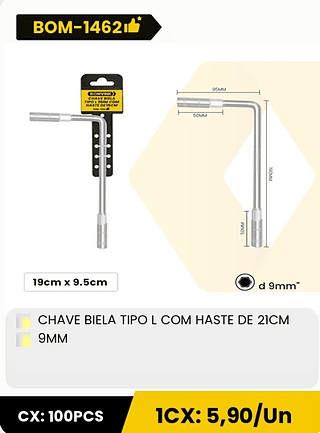 CHAVE BIELA TIPO L COM HASTE DE 21CM 9MM CX: 100PCS 1CX: 5,90/Un