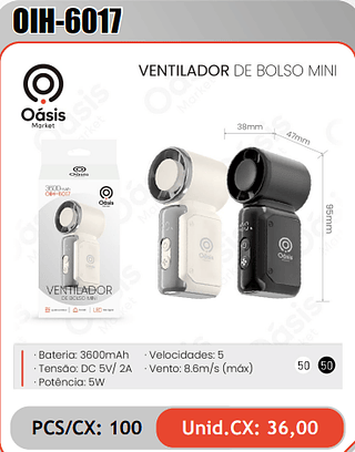 VENTILADOR DE BOLSO MINI PCS/CX: 100 Unid.CX: 36,00