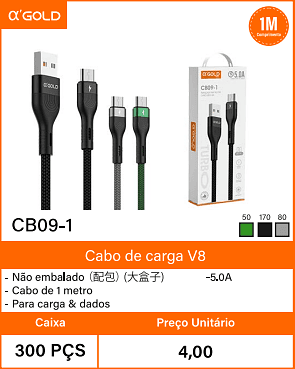 Cabo de carga V8 Caixa 300 PCS Preco Unitario 4,00
