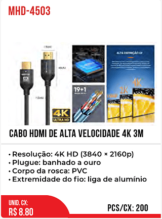 Cabo HDMI de alta velocidade 4K 3M 200pç=8,8