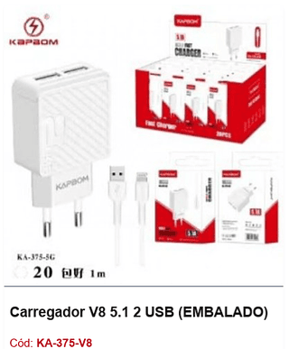 Carregador V8 5.1 2 USB R$ 4,5 PCS/cx:400