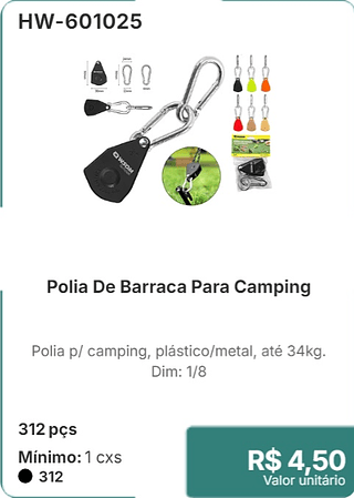 Polia De Barraca Para Camping 312 pçs R$ 4,50