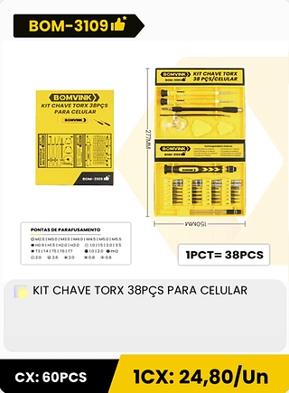 KIT CHAVE TORX 38PCS PARA CELULAR CX: 60PCS 1CX: 24,80/Un