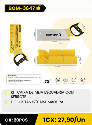 KIT CAIXA DE MEIA ESQUADRIA COM SERROTE DE COSTAS 12"PARA MADEIRA CX: 20PCS 1CX: 27,90/Un