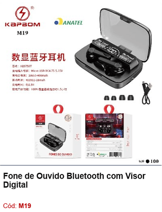 Fone de Ouvido Bluetooth com Visor Digital R$13,95 Pcs/cx:100