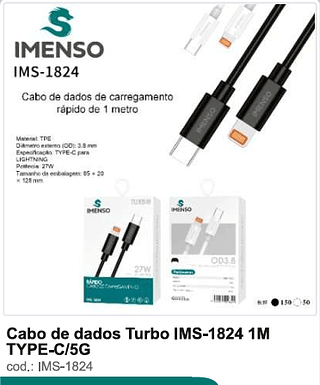 Cabo de dados Turbo 1M TYPE-C/5G 200PC/CX R$5,4