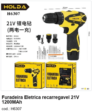 Furadeira Eletrica recarregavel 21V 1200MAh R$ 94,5 PC/CX:10