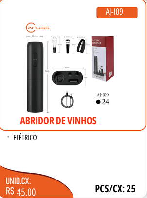 ABRIDOR DE VINHOS ELETRICO UNID.CX:RS 45.00 PCS/CX:25