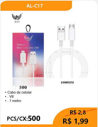 Cabo de celular V8 PCS/CX:500 R$ 1,99