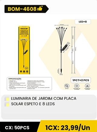 LUMINARIA DE JARDIM COM PLACA SOLAR ESPETO E 8 LEDS CX: 50PCS 1CX: 23,99/Un