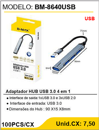 Adaptador HUB USB 3.0 4 em 1 100PCS/CX Unid.CX: 7,50