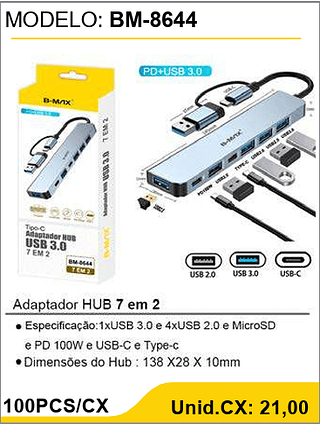 Adaptador HUB 7 em 2 100PCS/CX Unid.CX: 21,00