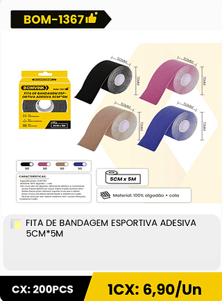 FITA DE BANDAGEM ESPORTIVA ADESIVA 5CM*5M CX: 200PCS 1CX: 6,90/Un